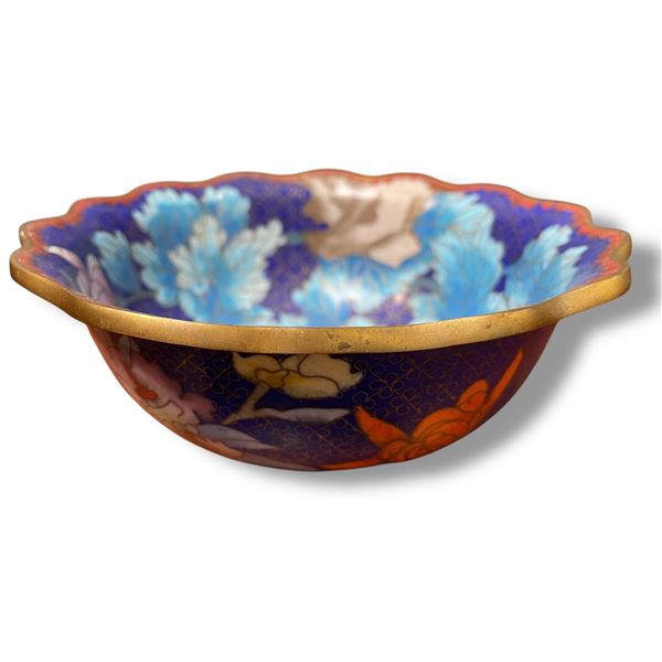 Vintage Chrysanthemum & Butterly Cloisonne  Bowl - Scalloped Edge - 6 " Diam
