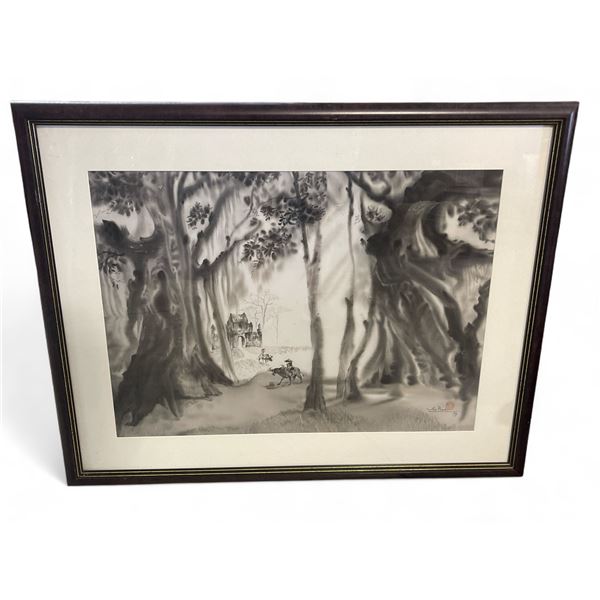 Signed 1993  Asian Ink Wash Painting on Silk - 32" x 39" framed.