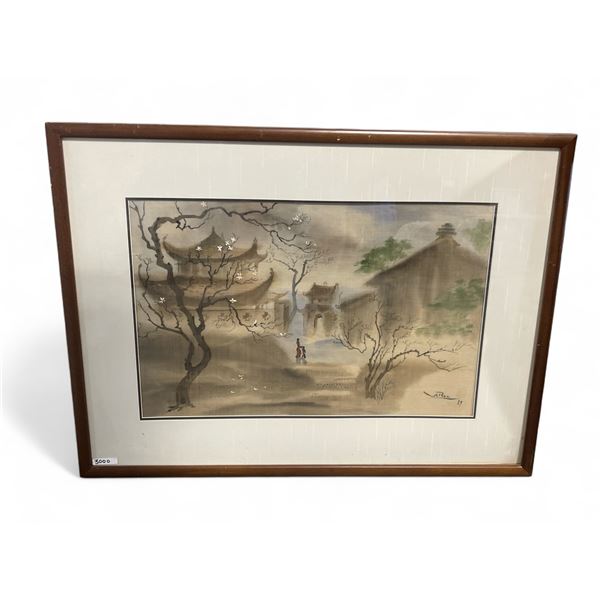 1989 Framed Asian Landscape Painting on Silk - Signed - 25" x 34" framed.