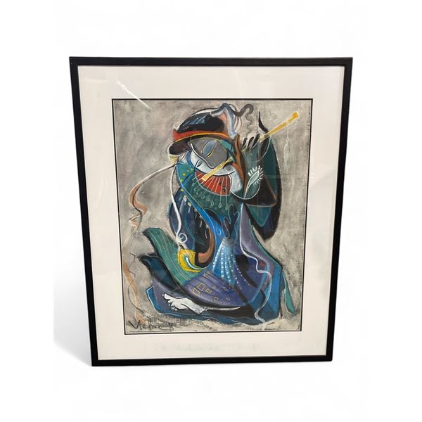 Signed Original Painting of a Flute Player - 9" x 34" framed.