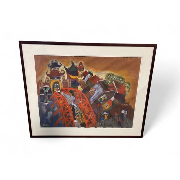 Singed Dang Hong Van Watercolour on Silk Painting - 31" x 39" framed.