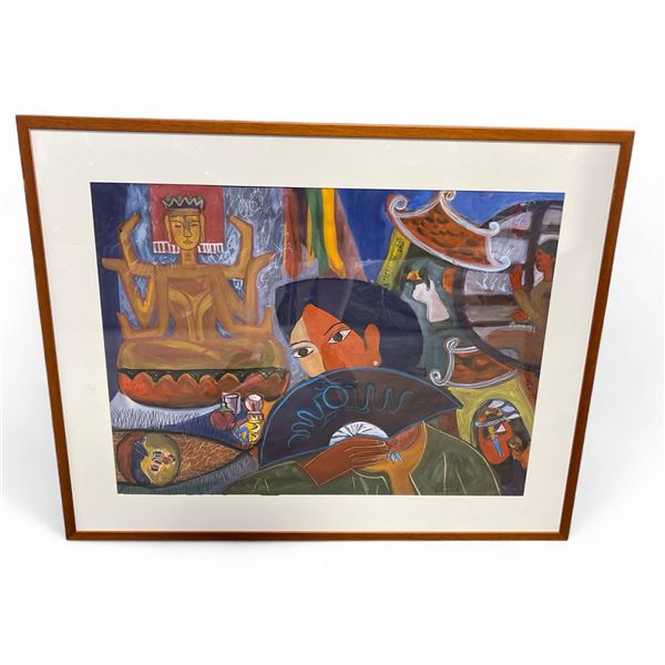 Singed Dang Hong Van Watercolour on Silk Painting - 31" x 40" framed.