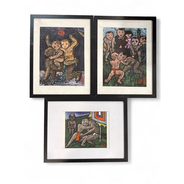 3 Framed Painting of " Boys at Play" - Average framed size: 17" x 13"