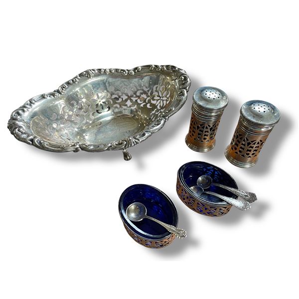 2 Cobalt Glass & Sterling Silver Pepper & Salt Cellar Sets with 3 Salt Spoons & Sterling Dish - Appr