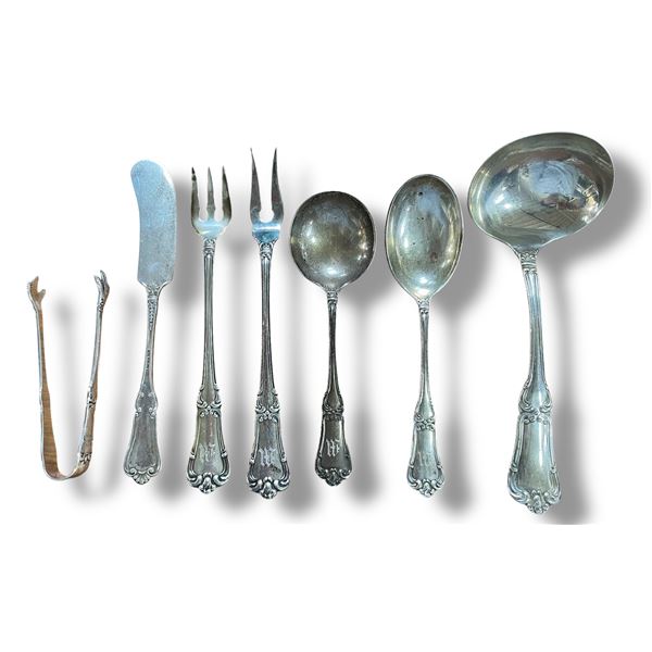 7 Birks Sterling Sauce and Condiment Spoons, Fork, Butter Knife, and Sugar Tong. Total  Weight = 195