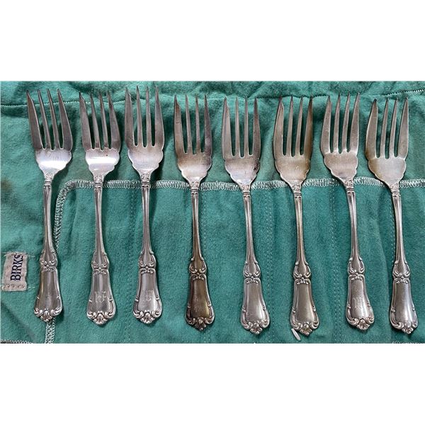 8 Birks Sterling Silver 6" Dessert/Salad Forks - Total Weight = 265 grams.  Some have monogramed han