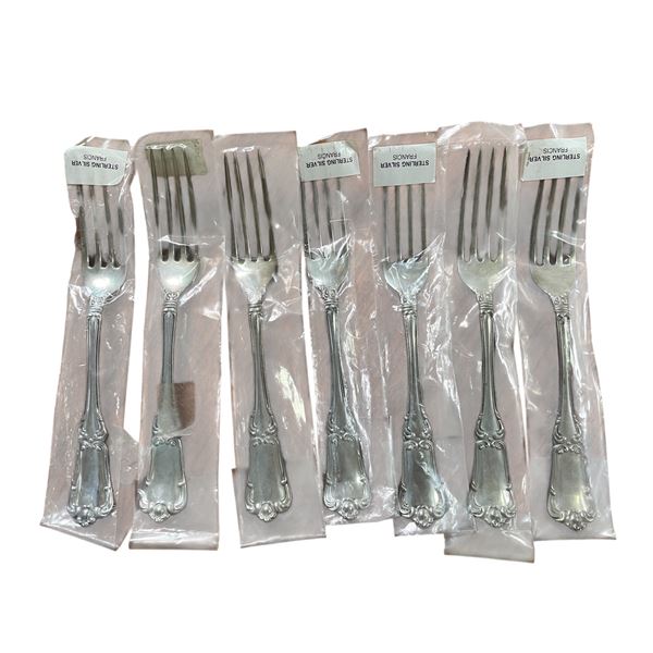 7 New Birks Sterling "Francis" 7" Dinner Forks - Total Weight = 290 grams. No monograms on handles.