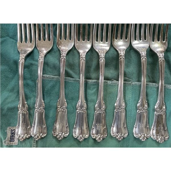 8 Birks Sterling Silver 7 1/2" Dinner Forks"  Forks - Total Weight = 470 grams.  Some have monograme