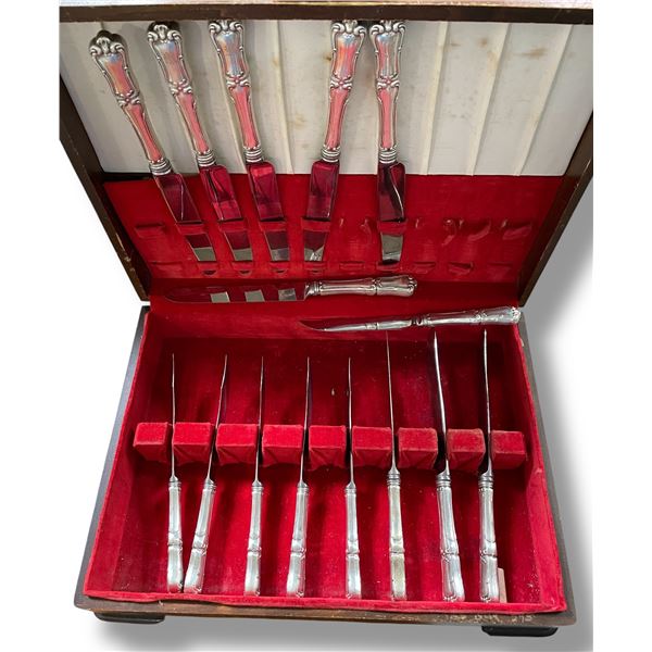15 Birks Sterling Handled Dinner & Serrated Dinner Knives - Some have monogrammed handles.