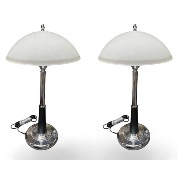Pair of Black & Silver Lamps with Frosted Glass Shades