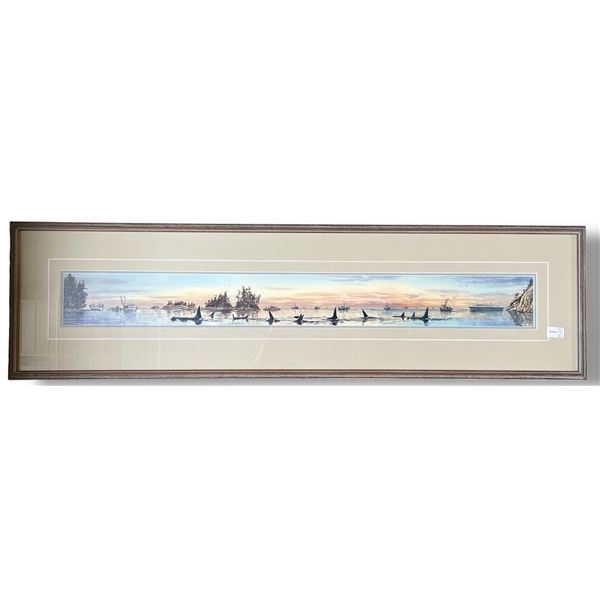Gordon Henschel Print “Orcas and Boats” - 11" x 42" framed dimensions.