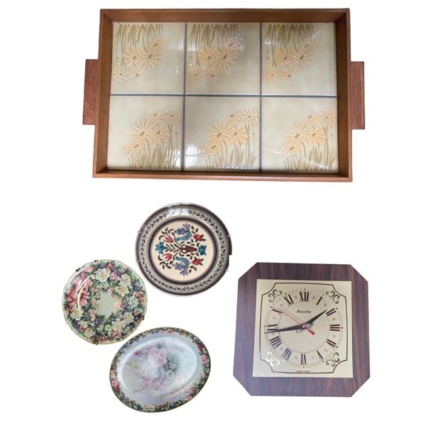 Vintage Bulova Wall Clock, Tiled Teak Tray & 3 China Plates
