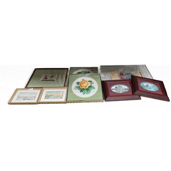 4 Framed Needlepoint Pictures & 4 Petite Framed Prints