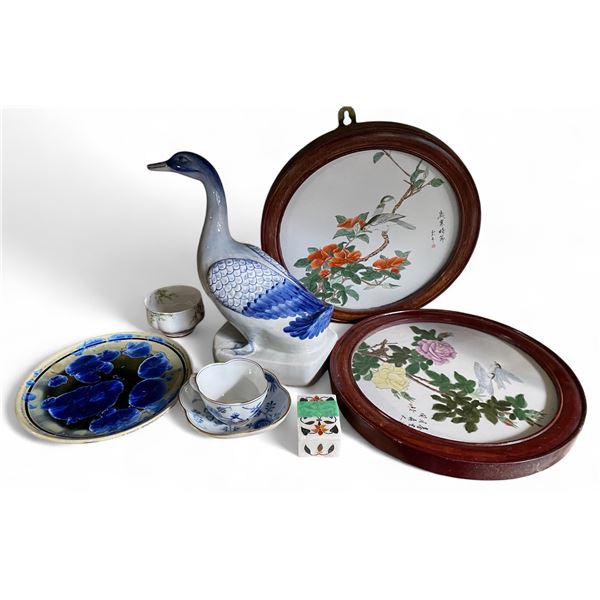 8 Pcs. Lot of China, Marble Earring Box & Goose Statue & 2 Painted Stone Pictures.