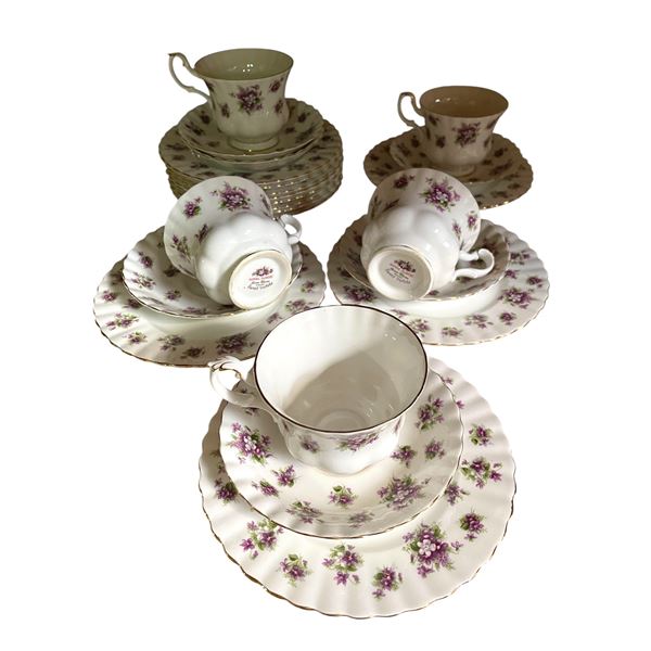 5 Royal Albert "Sweet Violets" 3 Piece Luncheon Sets with 7 Extra Dessert Plates.