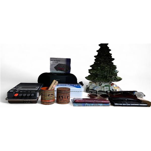 Group of Ceramic Christmas Tree, Cigar Jar, Vintage Electronics and More