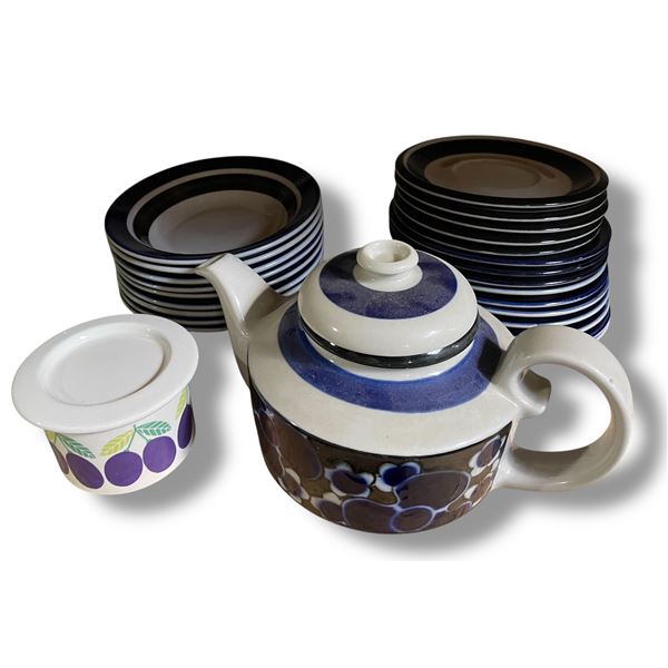 Arabia Finland Porcelain Saara Teapot & Pomona Plum Jam Jar w/23 pcs. of Arabia Plates  & Bowls