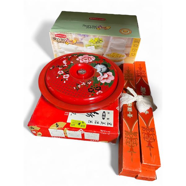 New Chinese Candy Box, 4 Scrolls & a Rubbermaid Container Set