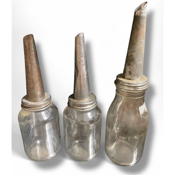 3 Vintage Metal Oil Spouts on Glass Bottles