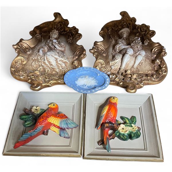 Vintage Soap Dish, 2 Chalkware Parrot Plaques & 2 Wall Hangings (these have  chips)
