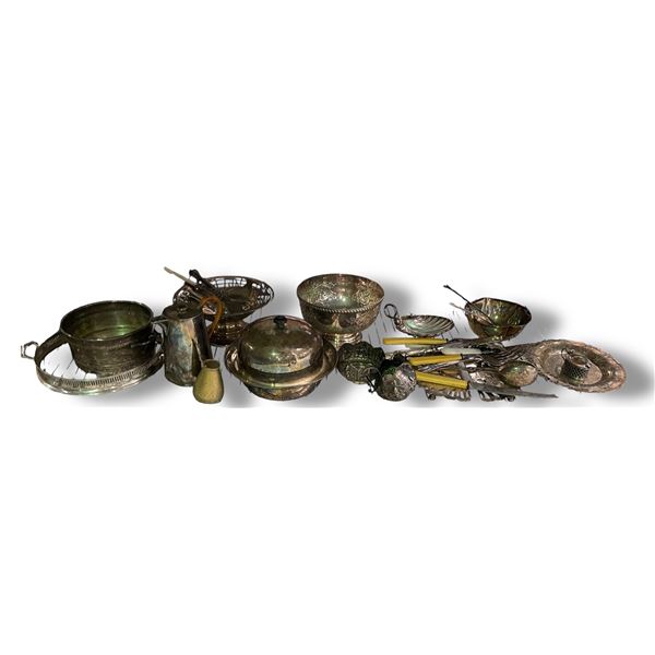Shelf Lot of Silver Plated Tableware & Cutlery