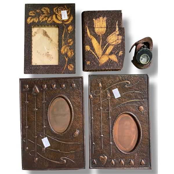 Vintage Copper Wall Art, Keepsake Box, Frame and Antique Compass with Case