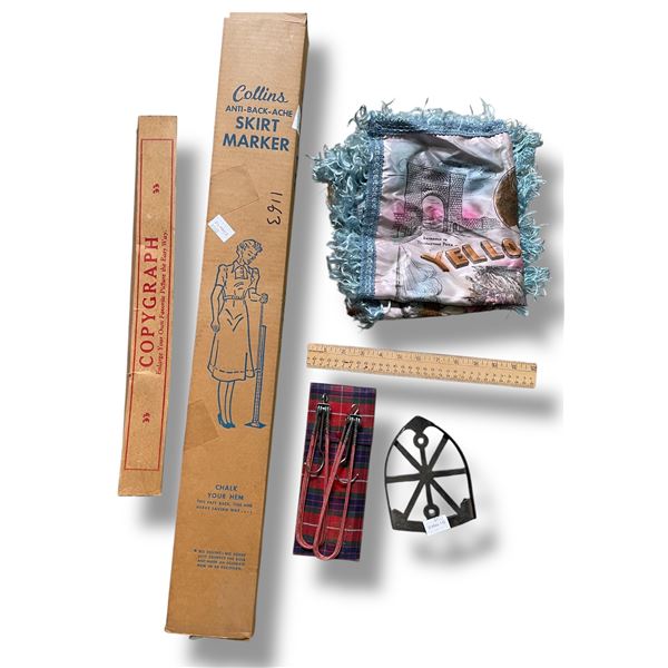 Group of Vintage Sewing Gadgets & 2 Souvenir Pillow Cases