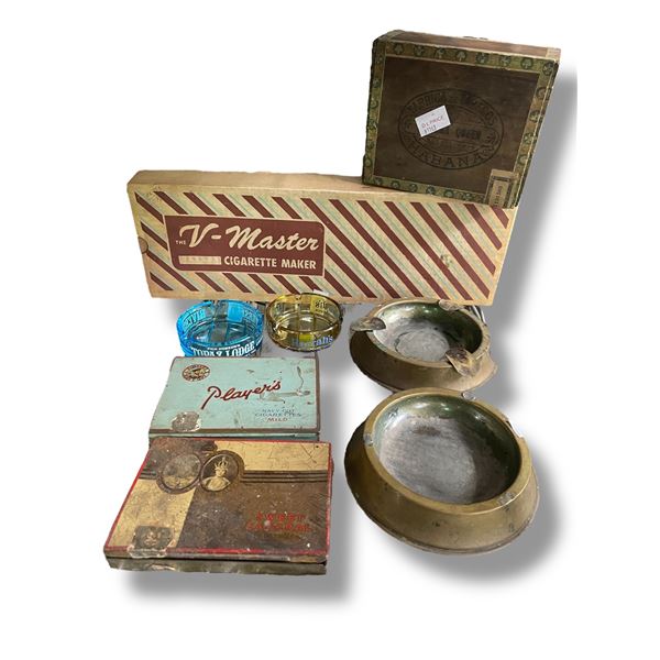 8 Pcs. Lot of Vintage Ash Trays, Cigarette Roller and Cigar Box & Tins