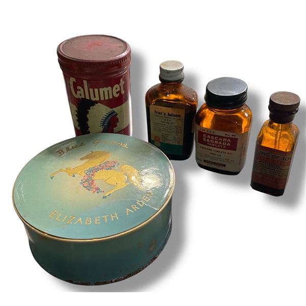 Vintage Elizabeth Arden Powder Box & 3 Medicine Bottles & 1 Baking Soda Tin