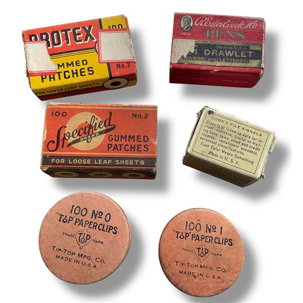 Group of Vintage Office Supplies in Original Boxes - Pen Nibs, Paper Clips and Patches