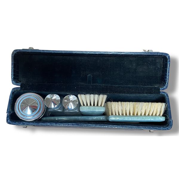 Vintage Travel Cosmetics Jars & Brushes Set in Original Case - Appears to be complete