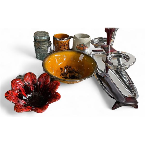7 Pcs. Of Vintage Tableware - Tankards, Bows, Glass Jar and Appetizer Stand