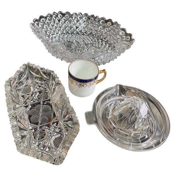 2 Crystal Dishes, Vintage Citrus Juicer & Demi-Tasse Cup