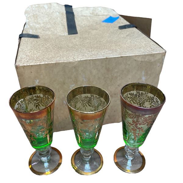 6 Hand Painted Bohemian Glass Liqueur Glasses