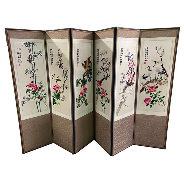 6 Panel Chinese Folding Screen with Embroidered Avian Theme - 67" Tall - Very Nice Condition