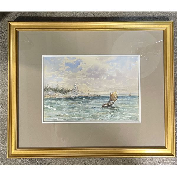 1910 Watercolour Painting of Sailboat & Lighthouse - Signed W. B. - 18" x 15" framed.