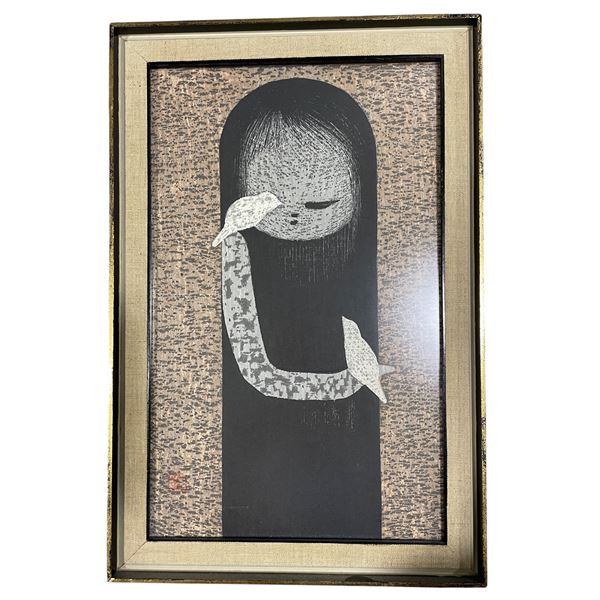 Kaoru Kawano 20th Century Japanese Woodblock Print "Small Birds" - 11" x 17" framed