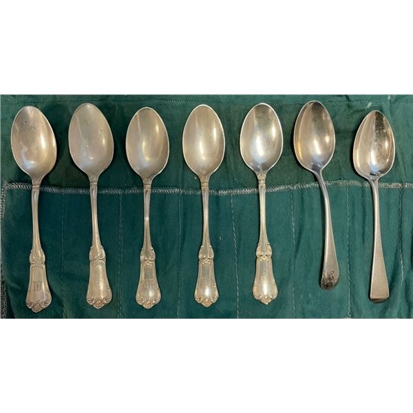 7 Sterling Silver 5 1/2" Teaspoons -1 English & 6 Birks- Total Weight = 162 grams - Monogram Handle