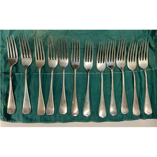 12 Birks Sterling Silver 7" Forks - Total Weight = 670 grams - Monogramed Handles