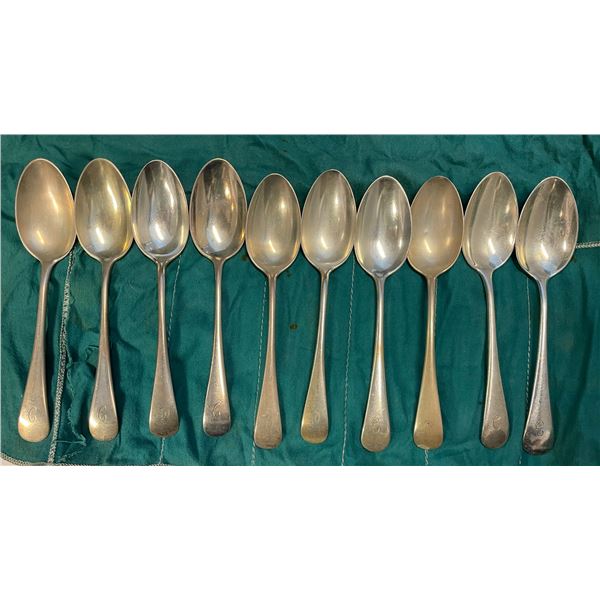 10 Birks Sterling Silver 7" Soup/Dessert Spoons - Total Weight = 570 grams - Monogramed Handles