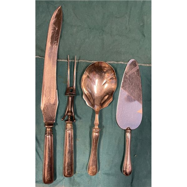 4 Birks Sterling Silver Handled Serving Pieces - Carving Fork & Knife, Pie Server & Pudding Spoon - 