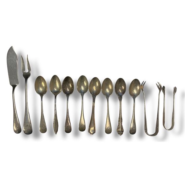 12 Sterling Silver Tea Spoons, Sugar Tongs, and Cocktail Fork - Variety of Makers - Total Weight = 2