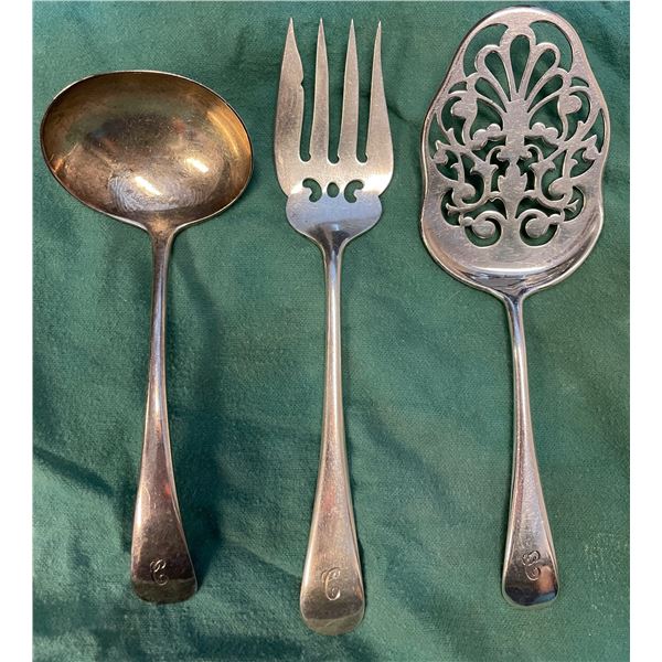 Birks Sterling Silver Meat Fork, 6" Ladle and Dessert Server - Total Weight = 175 grams - Monogramed