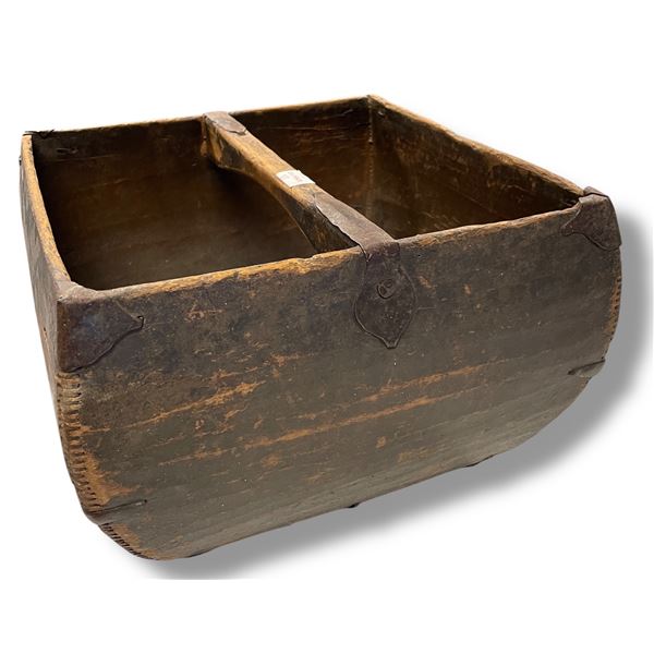 Antique Chinese Wood Rice Measurer / Harvest Basket - Copper Fittings - 15" x 15" x 10" tall