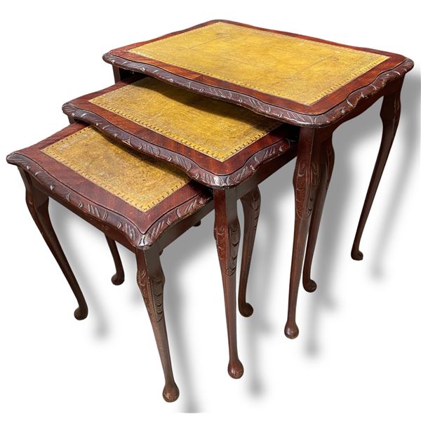 Antique 3 Piece Nesting Table Set with Leather Insert Tops - Largest Table 16" x 22" x 22" tall