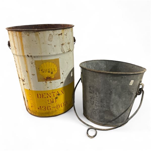 2 Pc - Vintage Shell Metal Bucket & Galvenized "SMP" Well Bucket