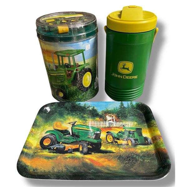 3 Pc - 30oz. Popcorn tin w/ Tractor set, Igloo John Deere Thermos & Serving tray - Never used