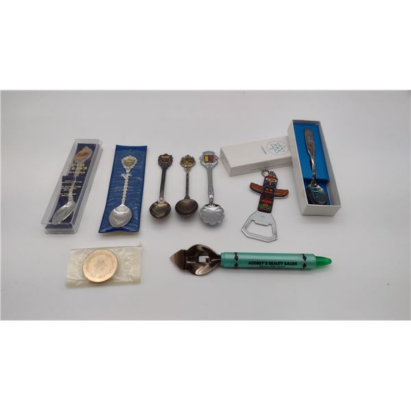 Assorted collectors spoons,and coin