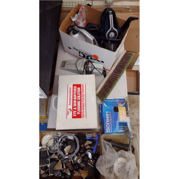 Collection of parts, first aid kit, and electronics