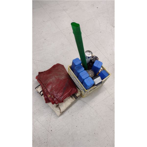A Crate of Miscellaneous Welding Rods and Two Tarps